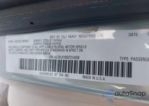 2009 Subaru Legacy 2.5I z USA, uszkodzony, nr VIN 4S3BL616597214038